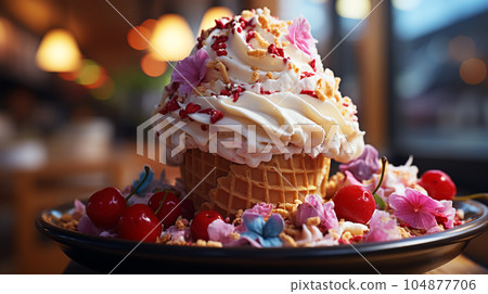 Delicious ice cream in a waffle cup or cone with syrup and berries on the background of cafe or restaurant interior 104877706