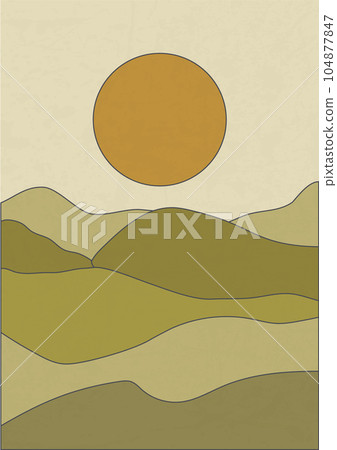 Aesthetic green meadow landscape poster illustration. 104877847