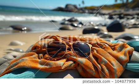 Beautiful sunglasses by the sea or ocean, hot weather, vacation and a weekend 104877956