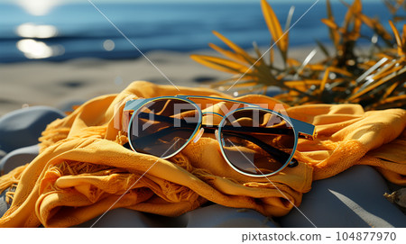 Beautiful sunglasses by the sea or ocean, hot weather, vacation and a weekend 104877970