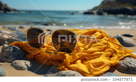 Beautiful sunglasses by the sea or ocean, hot weather, vacation and a weekend Beautiful sunglasses by the sea or ocean, hot weather, vacation and a weekend 104877971