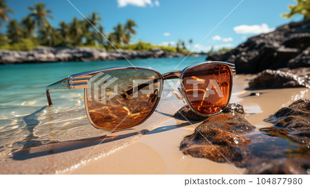 Beautiful sunglasses by the sea or ocean, hot weather, vacation and a weekend 104877980