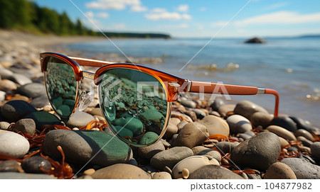 Beautiful sunglasses by the sea or ocean, hot weather, vacation and a weekend Beautiful sunglasses by the sea or ocean, hot weather, vacation and a weekend 104877982