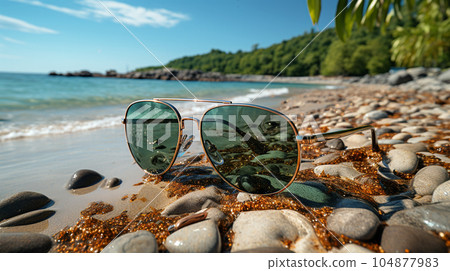 Beautiful sunglasses by the sea or ocean, hot weather, vacation and a weekend Beautiful sunglasses by the sea or ocean, hot weather, vacation and a weekend 104877983