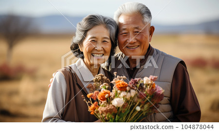 Smiling Japanese husband and wife, married couple in the nature background, traveling Smiling Japanese husband and wife, married couple in the nature background, traveling 104878044