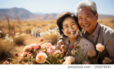 Smiling Japanese husband and wife, married couple in the nature background, traveling Smiling Japanese husband and wife, married couple in the nature background, traveling 104878081