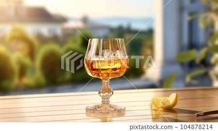 Glass of cognac in a hotel in the background of nature, alcoholic concept, expensive drink Glass of cognac in a hotel in the background of nature, alcoholic concept, expensive drink 104878214