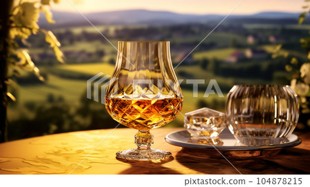 Glass of cognac in a hotel in the background of nature, alcoholic concept, expensive drink 104878215