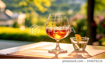 Glass of cognac in a hotel in the background of nature, alcoholic concept, expensive drink Glass of cognac in a hotel in the background of nature, alcoholic concept, expensive drink 104878216