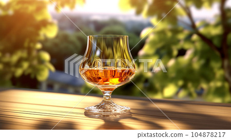 Glass of cognac in a hotel in the background of nature, alcoholic concept, expensive drink 104878217