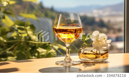 Glass of cognac in a hotel in the background of nature, alcoholic concept, expensive drink Glass of cognac in a hotel in the background of nature, alcoholic concept, expensive drink 104878218