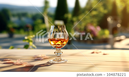Glass of cognac in a hotel in the background of nature, alcoholic concept, expensive drink Glass of cognac in a hotel in the background of nature, alcoholic concept, expensive drink 104878221