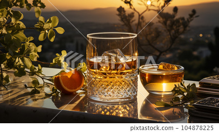 Glass of cognac in a hotel in the background of nature, alcoholic concept, expensive drink Glass of cognac in a hotel in the background of nature, alcoholic concept, expensive drink 104878225