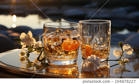 Glass of cognac in a hotel in the background of nature, alcoholic concept, expensive drink Glass of cognac in a hotel in the background of nature, alcoholic concept, expensive drink 104878227