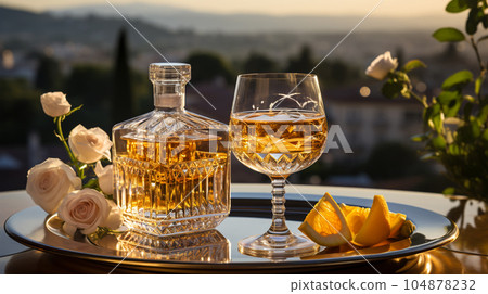 Glass of cognac in a hotel in the background of nature, alcoholic concept, expensive drink Glass of cognac in a hotel in the background of nature, alcoholic concept, expensive drink 104878232