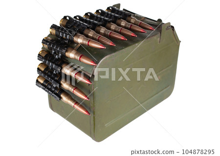 Ammo box with ammunition belt and 12.7mm cartridges for heavy machine gun. 104878295