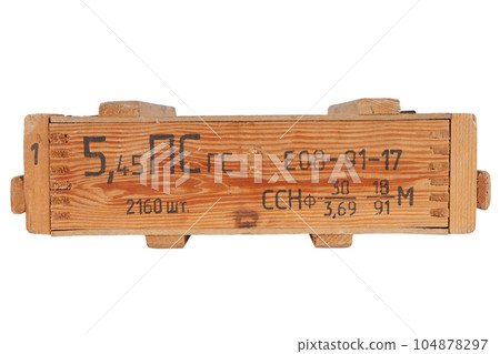 Army 5,45mm ammunition wooden crate. Text in russian - type of ammunition, projectile caliber, projectile type, number of pieces and weight. Army 5,45mm ammunition wooden crate. Text in russian - type of ammunition, projectile caliber, projectile type, number of pieces and weight. 104878297