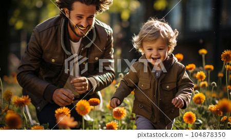 Portrait of a father playing and walking with his young son, parenthood 104878350
