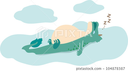 流行而可愛的矢量圖，描繪了一條飽腹地睡在雲上的龍。 104878387