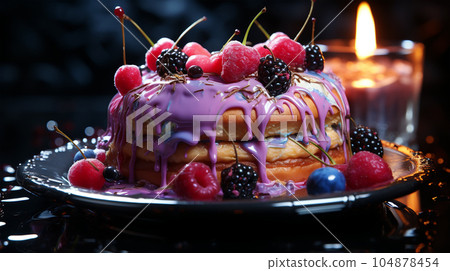 Birthday cake with fruit, berries and biscuits, copy space, party concept for children and adults Birthday cake with fruit, berries and biscuits, copy space, party concept for children and adults 104878454