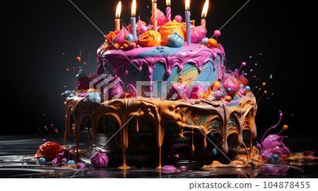 Birthday cake with fruit, berries and biscuits, copy space, party concept for children and adults Birthday cake with fruit, berries and biscuits, copy space, party concept for children and adults 104878455