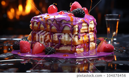 Birthday cake with fruit, berries and biscuits, copy space, party concept for children and adults 104878456