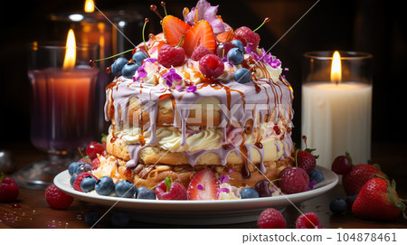 Birthday cake with fruit, berries and biscuits, copy space, party concept for children and adults 104878461