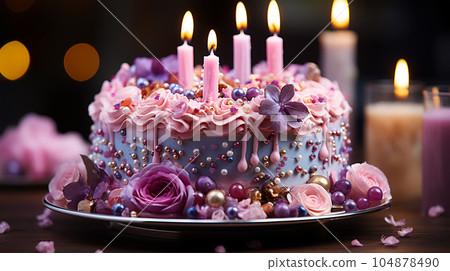 Birthday cake with fruit, berries and biscuits, copy space, party concept for children and adults 104878490