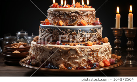 Birthday cake with fruit, berries and biscuits, copy space, party concept for children and adults 104878504