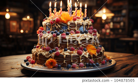 Birthday cake with fruit, berries and biscuits, copy space, party concept for children and adults 104878505