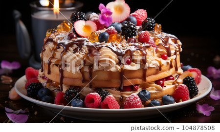 Birthday cake with fruit, berries and biscuits, copy space, party concept for children and adults Birthday cake with fruit, berries and biscuits, copy space, party concept for children and adults 104878508