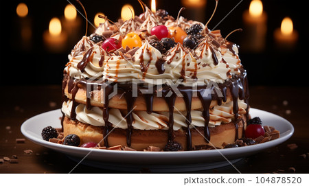 Birthday cake with fruit, berries and biscuits, copy space, party concept for children and adults Birthday cake with fruit, berries and biscuits, copy space, party concept for children and adults 104878520
