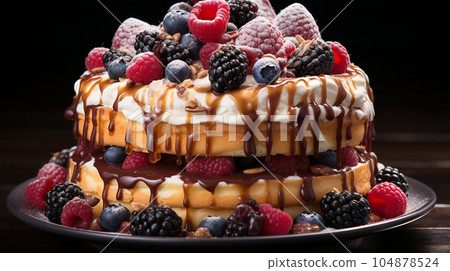 Birthday cake with fruit, berries and biscuits, copy space, party concept for children and adults Birthday cake with fruit, berries and biscuits, copy space, party concept for children and adults 104878524