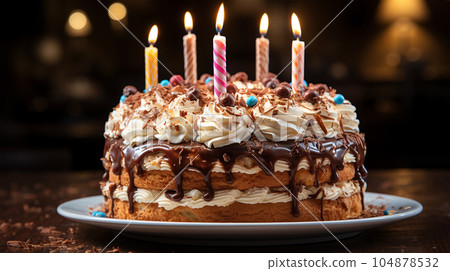 Birthday cake with fruit, berries and biscuits, copy space, party concept for children and adults Birthday cake with fruit, berries and biscuits, copy space, party concept for children and adults 104878532