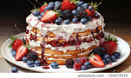 Birthday cake with fruit, berries and biscuits, copy space, party concept for children and adults Birthday cake with fruit, berries and biscuits, copy space, party concept for children and adults 104878595