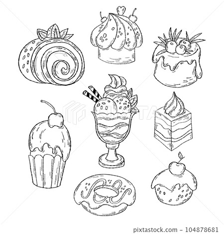 Hand drawn pastries. Collection outline sweet food. Desserts, roll, donut, cakes, cookies and muffins, pastries, ice cream and creamy dessert. Vector illustration Hand drawn pastries. Collection outline sweet food. Desserts, roll, donut, cakes, cookies and muffins, pastries, ice cream and creamy dessert. Vector illustration 104878681