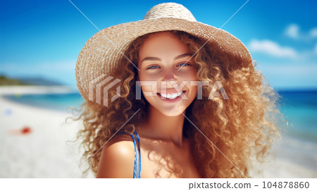 Portrait of a beautiful girl with long loose hair on the beach in front of the sea 104878860