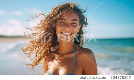 Portrait of a beautiful girl with long loose hair on the beach in front of the sea 104878867