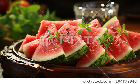 Sliced slices of ripe juicy watermelon against the background of the restaurant interior 104878946