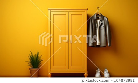 Yellow closet for clothes and shoes, closet, hallway indoors with yellow background, minimalist and retro style Yellow closet for clothes and shoes, closet, hallway indoors with yellow background, minimalist and retro style 104878991