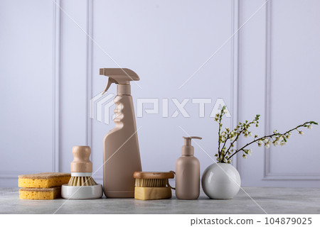 Eco cleaning with bottles, brushes and sponges 104879025