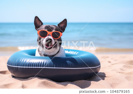 Happy chihuahua dog in sunglasses and with an inflatable ring for swimming on vacation looks at the camera on the beach. Vacation concept with pets.  104879165