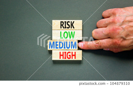 Time to medium risk symbol. Concept word Risk low medium high on wooden block. Businessman hand. Beautiful grey table grey background. Business time to medium risk concept. Copy space. Time to medium risk symbol. Concept word Risk low medium high on wooden block. Businessman hand. Beautiful grey table grey background. Business time to medium risk concept. Copy space. 104879310
