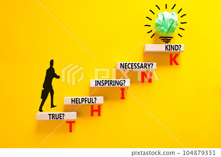 Think symbol. Concept words Think before you speak true helpful inspiring necessary kind on wooden block. Beautiful yellow background. Business Think true helpful inspiring necessary kind concept. Think symbol. Concept words Think before you speak true helpful inspiring necessary kind on wooden block. Beautiful yellow background. Business Think true helpful inspiring necessary kind concept. 104879331