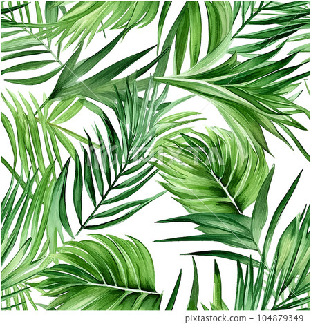Trendy abstract seamless pattern with exotic leaf pattern watercolor green background. Summer texture. Abstract tropical background. Trendy abstract seamless pattern with exotic leaf pattern watercolor green background. Summer texture. Abstract tropical background. 104879349