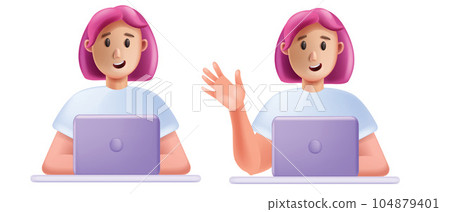 3D woman laptop, vector person home office, cartoon female freelance character, smiling young worker 3D woman laptop, vector person home office, cartoon female freelance character, smiling young worker 104879401
