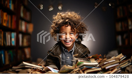 Portrait Little happy schoolboy with a book, school learning concept 104879428
