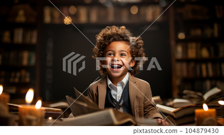 Portrait Little happy schoolboy with a book, school learning concept 104879430