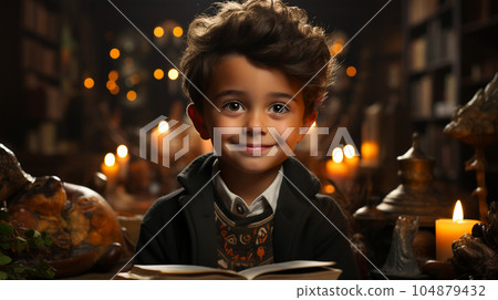 Portrait Little happy schoolboy with a book, school learning concept 104879432