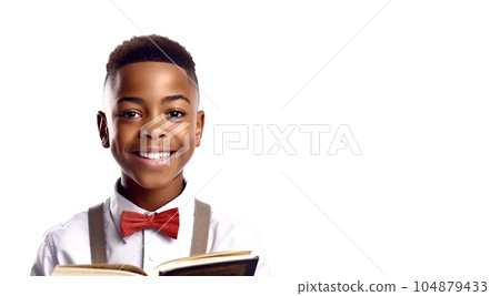 Portrait Little happy schoolboy with a book, school learning concept 104879433
